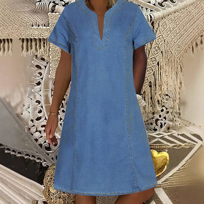 👗 50 % RABATT NU! 🌸Kortärmad denimklänning med V-ringning för dam