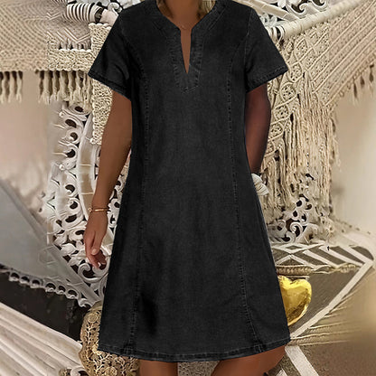 👗 50 % RABATT NU! 🌸Kortärmad denimklänning med V-ringning för dam