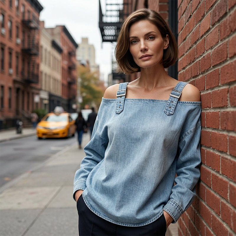 👕 BEGRÄNSAD TID: 50 % RABATT! ✨ Damtopp i denim – breda axelband, trendig, ledig stil ✨