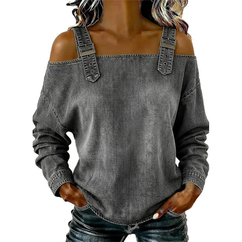 👕 BEGRÄNSAD TID: 50 % RABATT! ✨ Damtopp i denim – breda axelband, trendig, ledig stil ✨
