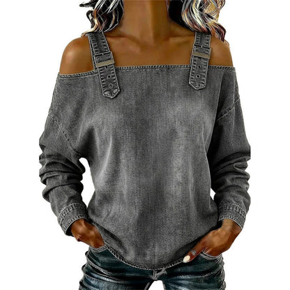 👕 BEGRÄNSAD TID: 50 % RABATT! ✨ Damtopp i denim – breda axelband, trendig, ledig stil ✨