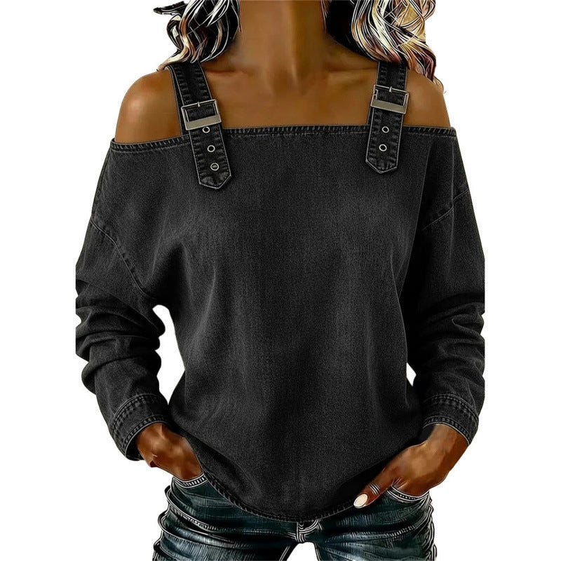 👕 BEGRÄNSAD TID: 50 % RABATT! ✨ Damtopp i denim – breda axelband, trendig, ledig stil ✨