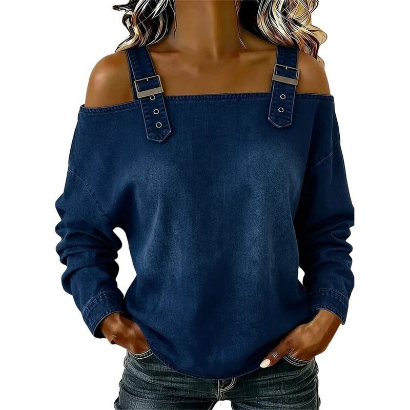 👕 BEGRÄNSAD TID: 50 % RABATT! ✨ Damtopp i denim – breda axelband, trendig, ledig stil ✨