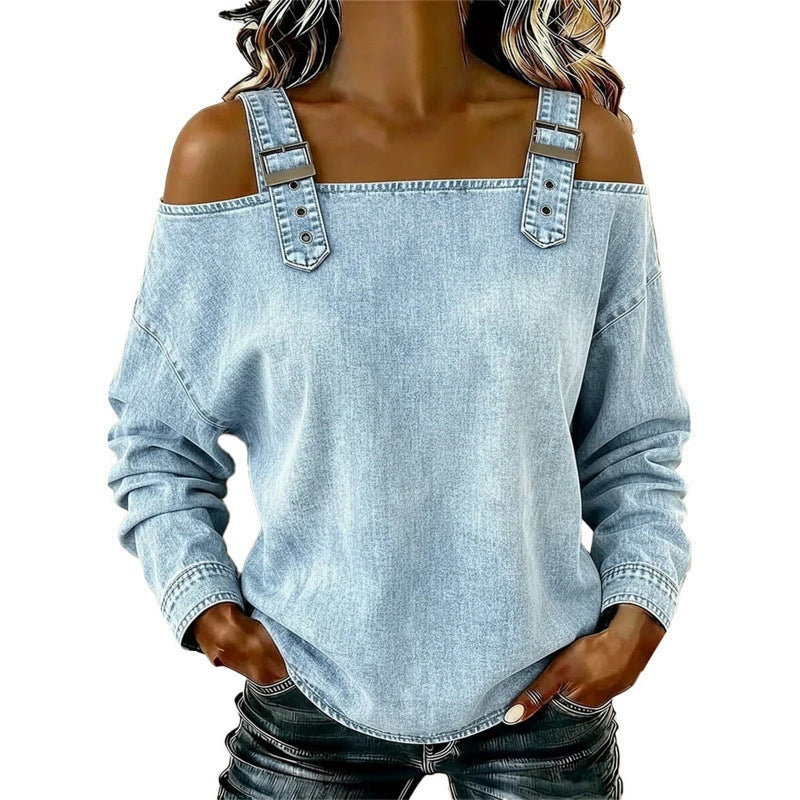 👕 BEGRÄNSAD TID: 50 % RABATT! ✨ Damtopp i denim – breda axelband, trendig, ledig stil ✨