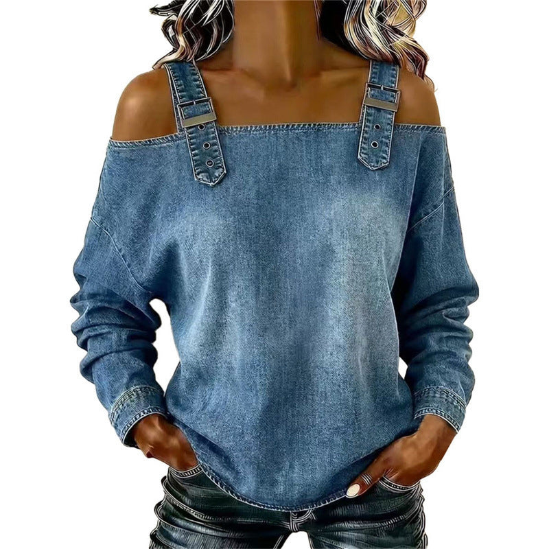 👕 BEGRÄNSAD TID: 50 % RABATT! ✨ Damtopp i denim – breda axelband, trendig, ledig stil ✨