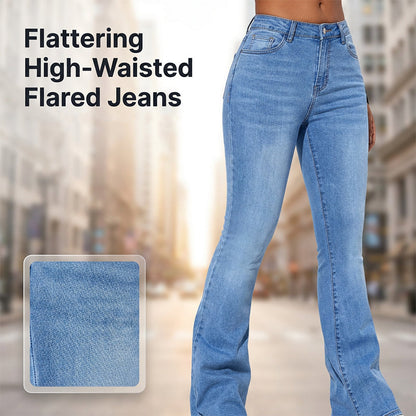 Jeans med hög midja och utsvängda ben i stretch för dam