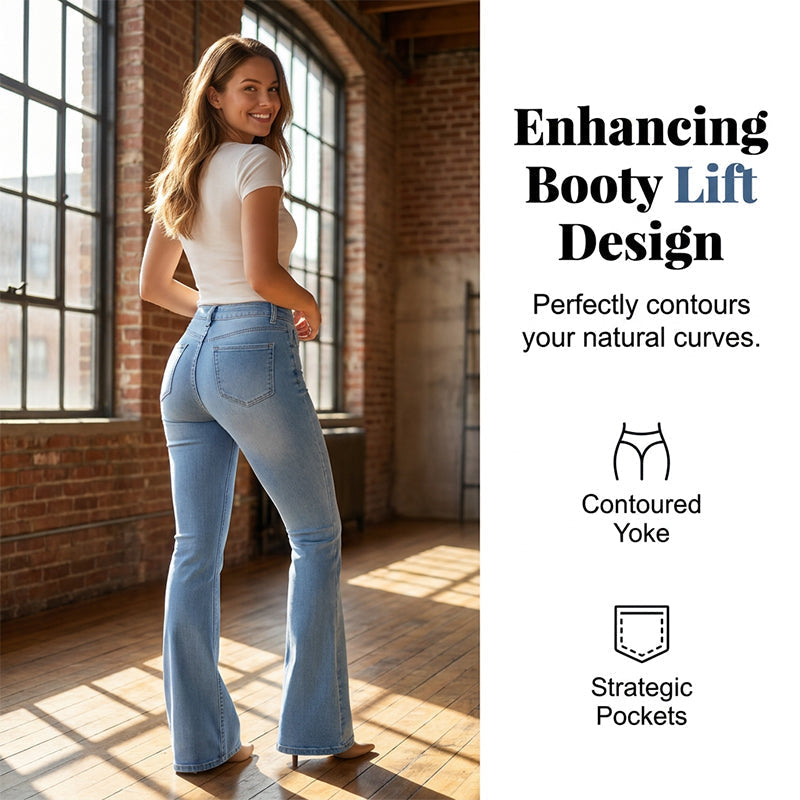Jeans med hög midja och utsvängda ben i stretch för dam