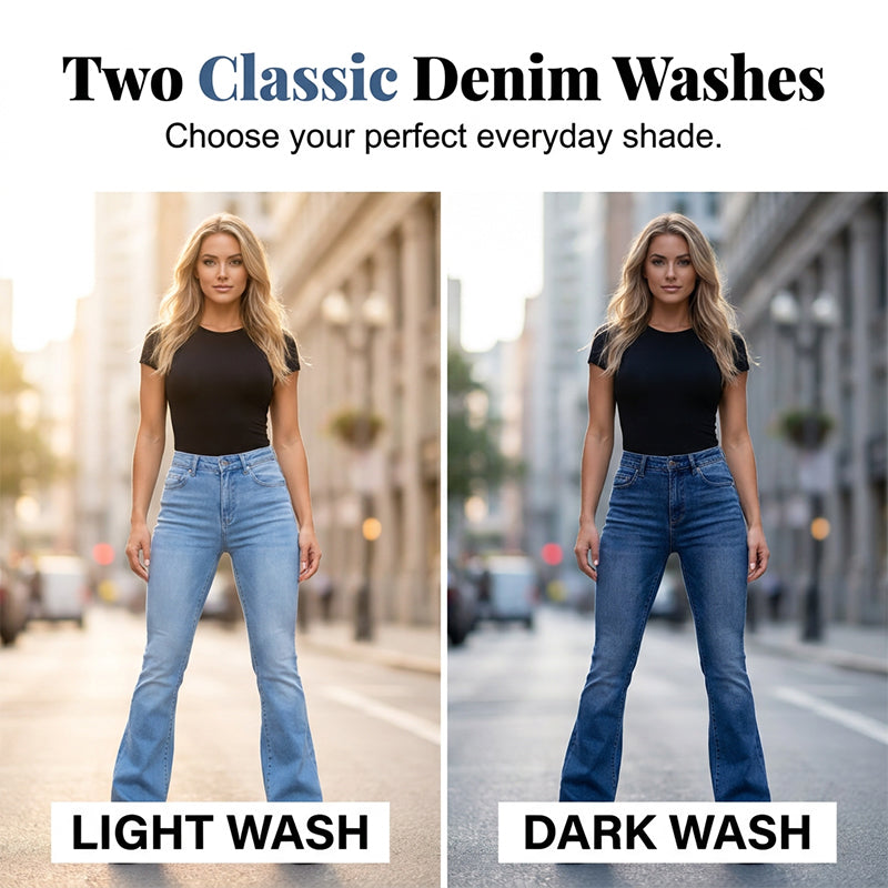 Jeans med hög midja och utsvängda ben i stretch för dam