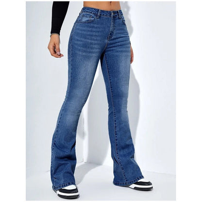 Jeans med hög midja och utsvängda ben i stretch för dam