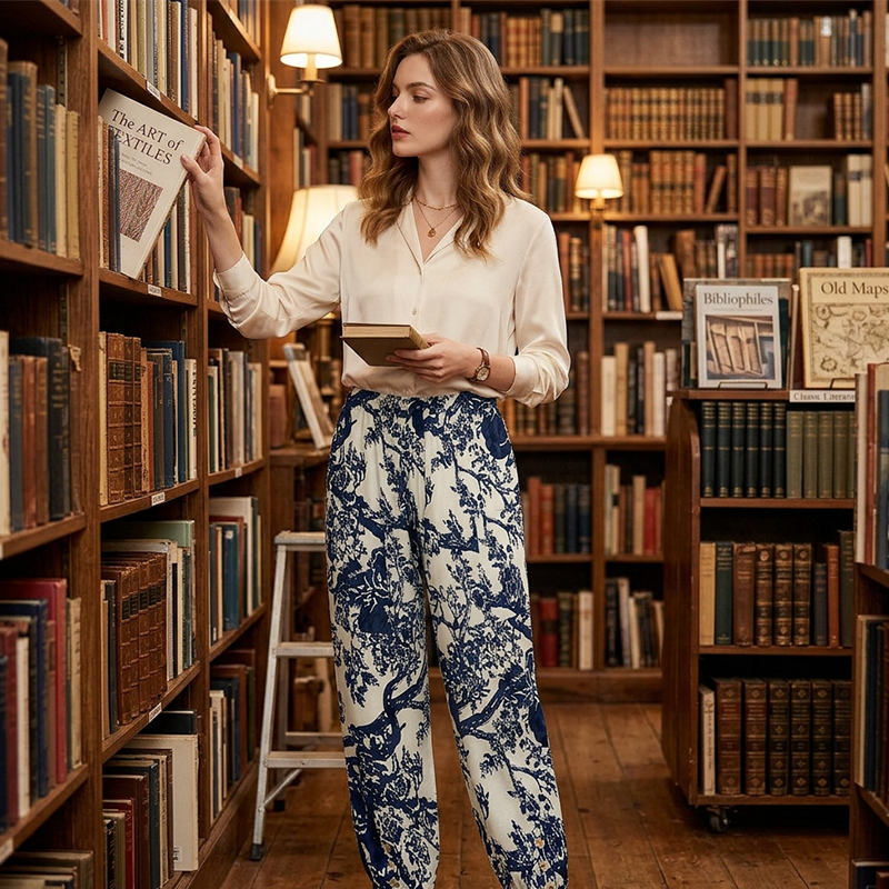 Joggingbyxor i vintage-stil med blommönster och hög midja