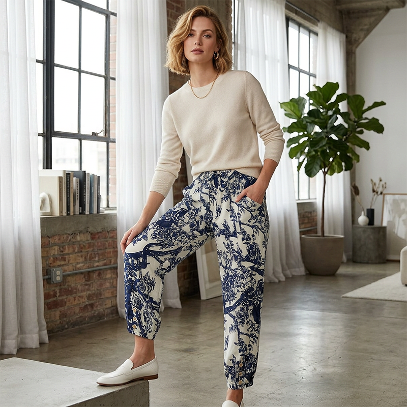 Joggingbyxor i vintage-stil med blommönster och hög midja