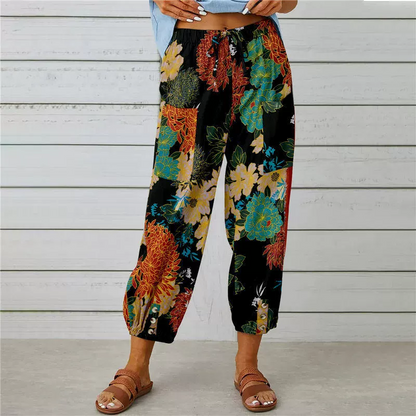 Joggingbyxor i vintage-stil med blommönster och hög midja