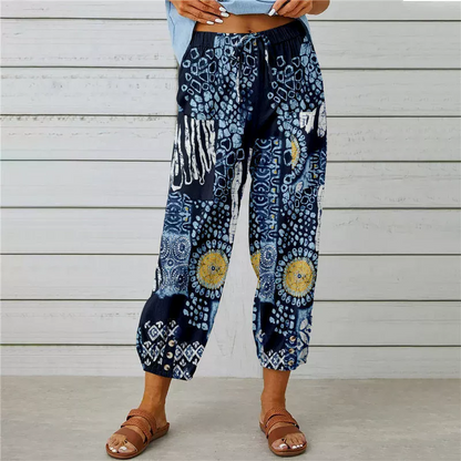Joggingbyxor i vintage-stil med blommönster och hög midja