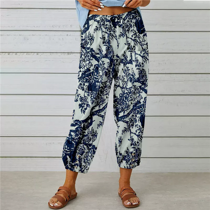 Joggingbyxor i vintage-stil med blommönster och hög midja