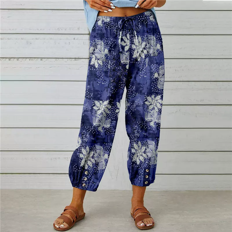 Joggingbyxor i vintage-stil med blommönster och hög midja