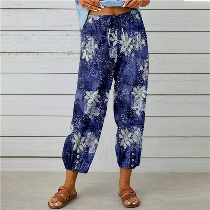 Joggingbyxor i vintage-stil med blommönster och hög midja