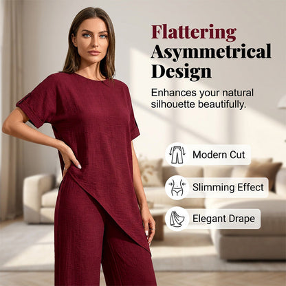 🌺Set bestående av en topp med asymmetrisk fåll och byxor med vida ben