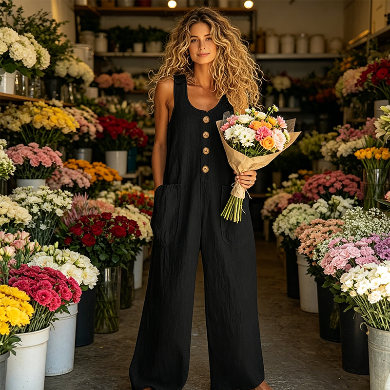 👖Ärmlös damoverall med vida ben och fickor