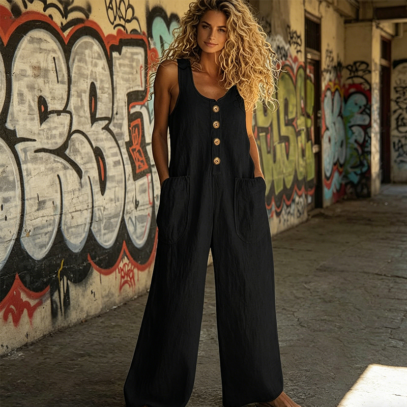 👖Ärmlös damoverall med vida ben och fickor