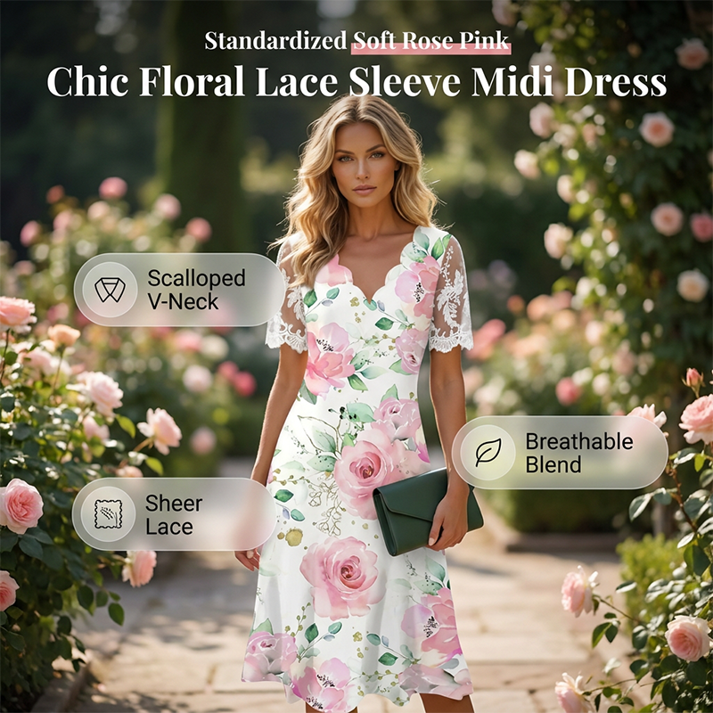 👗🌸 Blommig A-linjeklänning med spetsärmar och V-hals