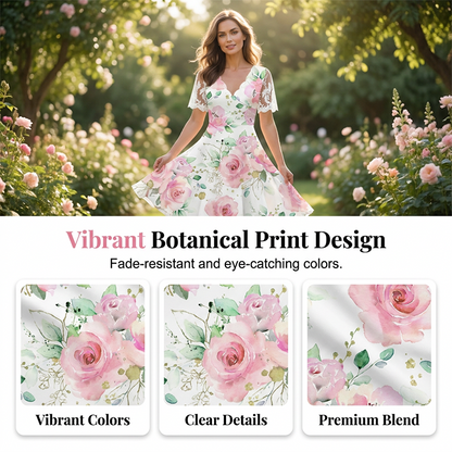 👗🌸 Blommig A-linjeklänning med spetsärmar och V-hals