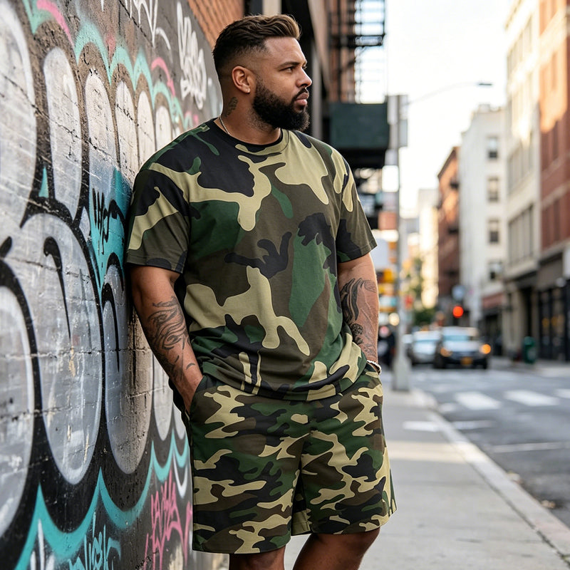 👕🌿 Herr kamouflagetryckt T-shirt & shorts set – Bomullsblandning, avslappnad passform & perfekt för utomhusbruk, sport eller lediga sommardagar 🩳