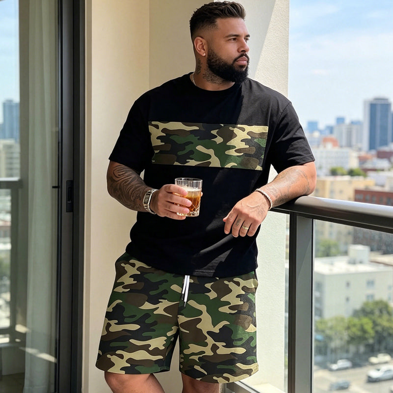 👕🌿 Herr kamouflagetryckt T-shirt & shorts set – Bomullsblandning, avslappnad passform & perfekt för utomhusbruk, sport eller lediga sommardagar 🩳