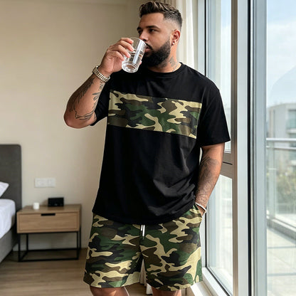 👕🌿 Herr kamouflagetryckt T-shirt & shorts set – Bomullsblandning, avslappnad passform & perfekt för utomhusbruk, sport eller lediga sommardagar 🩳
