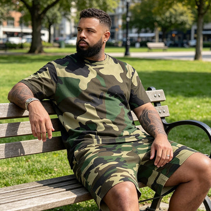 👕🌿 Herr kamouflagetryckt T-shirt & shorts set – Bomullsblandning, avslappnad passform & perfekt för utomhusbruk, sport eller lediga sommardagar 🩳