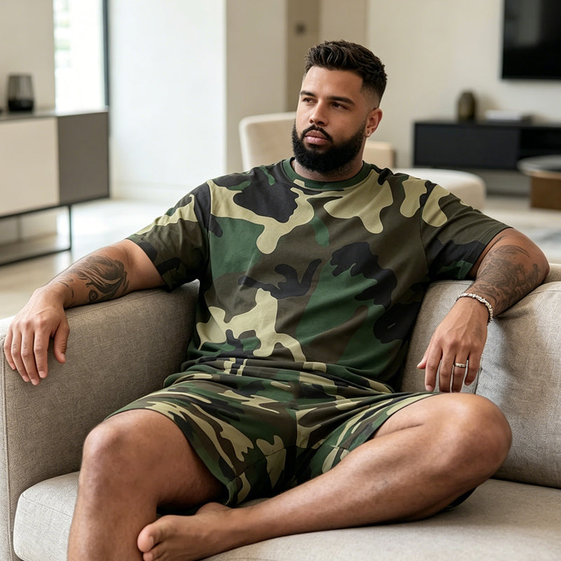 👕🌿 Herr kamouflagetryckt T-shirt & shorts set – Bomullsblandning, avslappnad passform & perfekt för utomhusbruk, sport eller lediga sommardagar 🩳