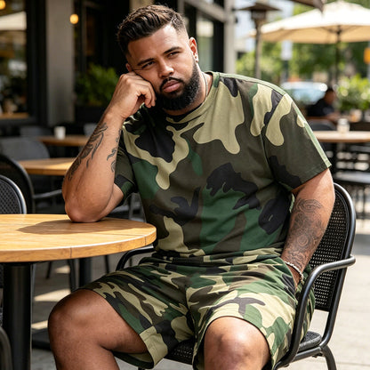 👕🌿 Herr kamouflagetryckt T-shirt & shorts set – Bomullsblandning, avslappnad passform & perfekt för utomhusbruk, sport eller lediga sommardagar 🩳