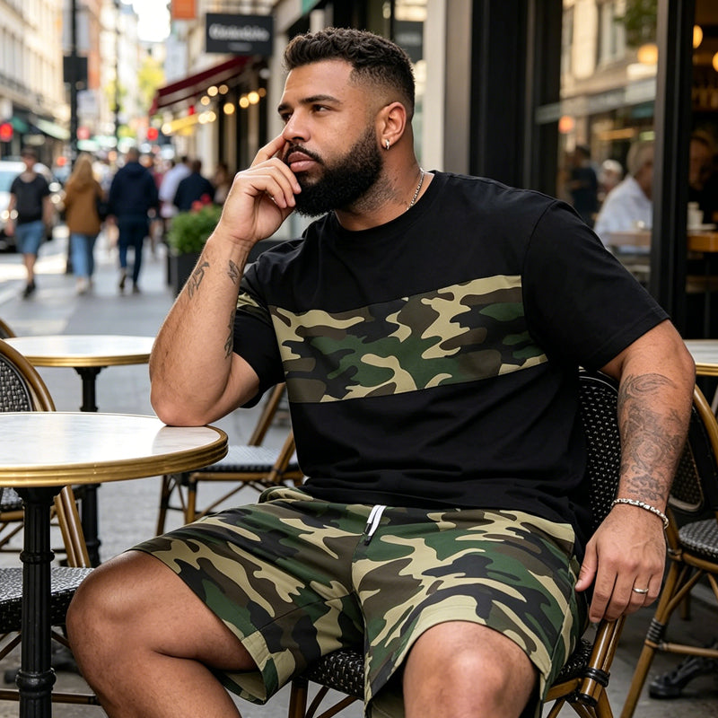 👕🌿 Herr kamouflagetryckt T-shirt & shorts set – Bomullsblandning, avslappnad passform & perfekt för utomhusbruk, sport eller lediga sommardagar 🩳