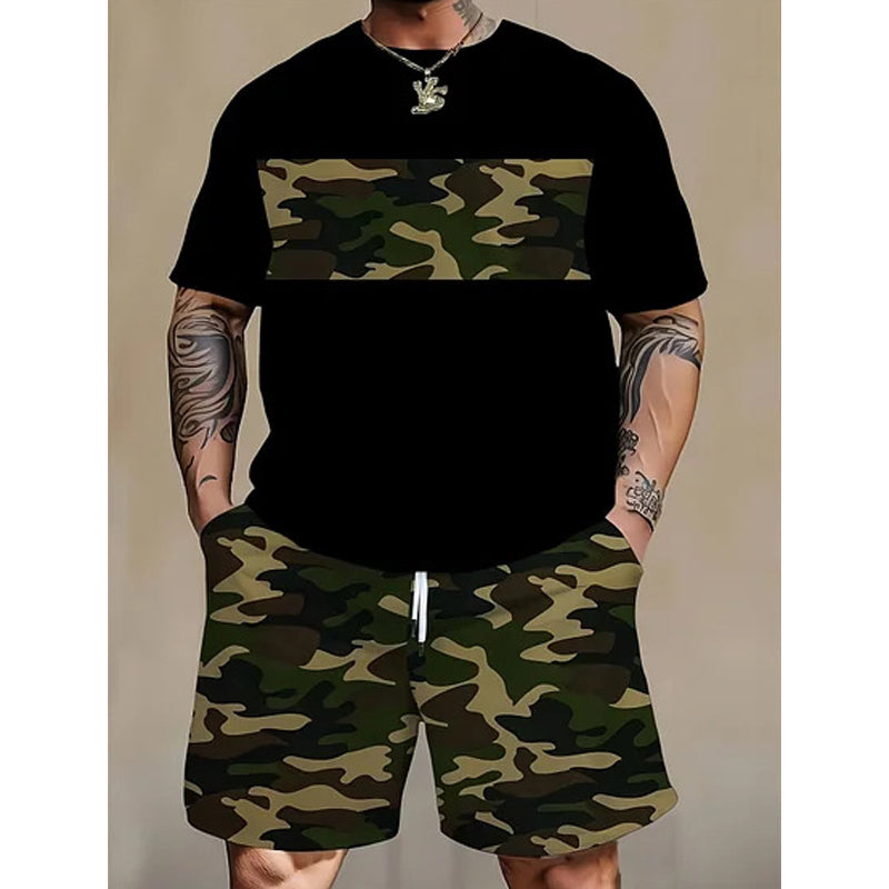 👕🌿 Herr kamouflagetryckt T-shirt & shorts set – Bomullsblandning, avslappnad passform & perfekt för utomhusbruk, sport eller lediga sommardagar 🩳