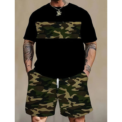 👕🌿 Herr kamouflagetryckt T-shirt & shorts set – Bomullsblandning, avslappnad passform & perfekt för utomhusbruk, sport eller lediga sommardagar 🩳