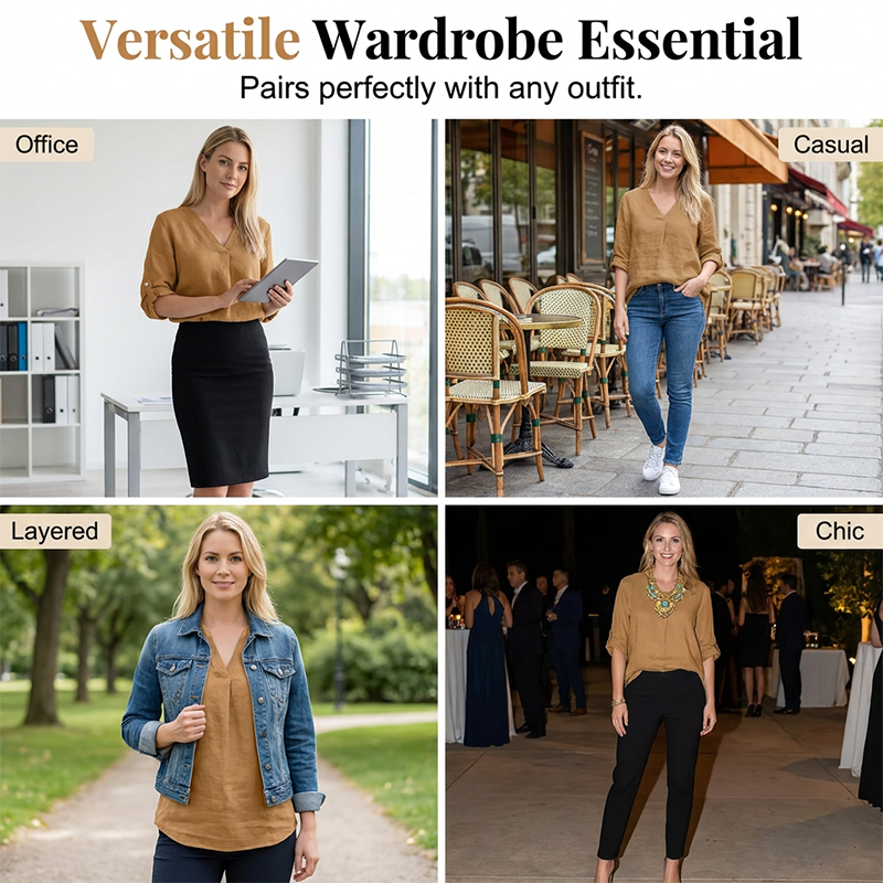 Casual-tröja för damer med V-ringning och upprullade ärmar