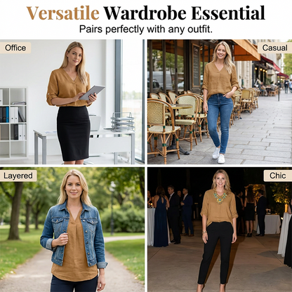 Casual-tröja för damer med V-ringning och upprullade ärmar