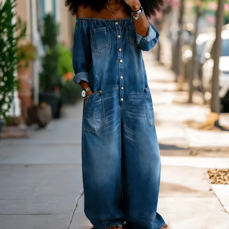 👖 50% RABATT NU!🌸 Axelbandslös denimjumpsuit med vida ben – Avslappnad stil, luftig passform och perfekt för sommar och semester