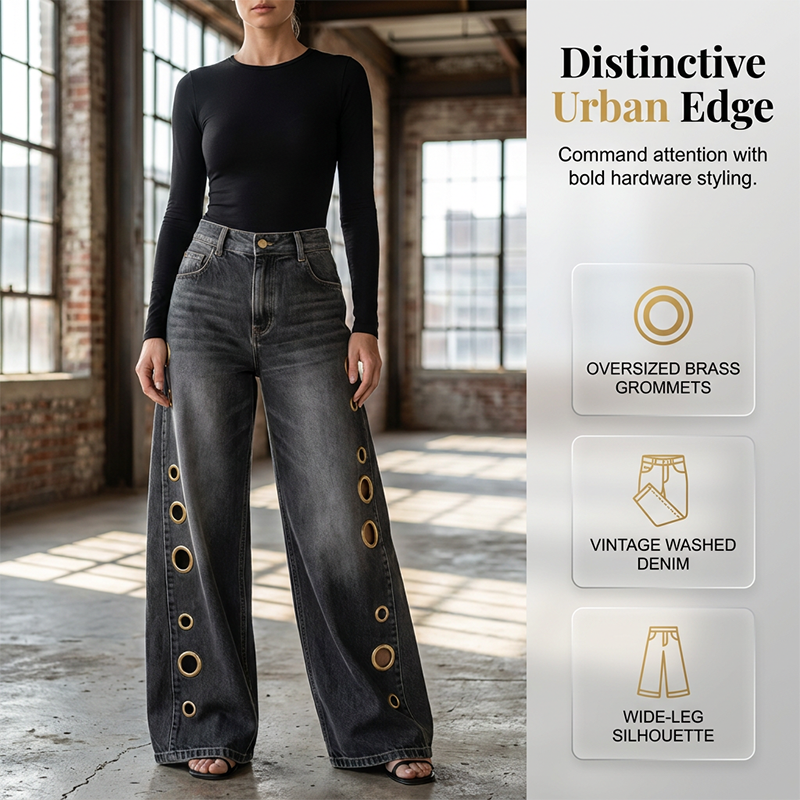 Dammjeans med vida ben och ringdetaljer