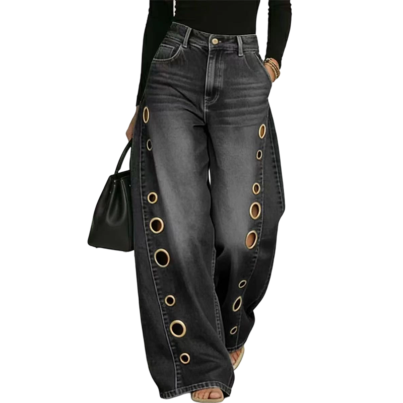 Dammjeans med vida ben och ringdetaljer