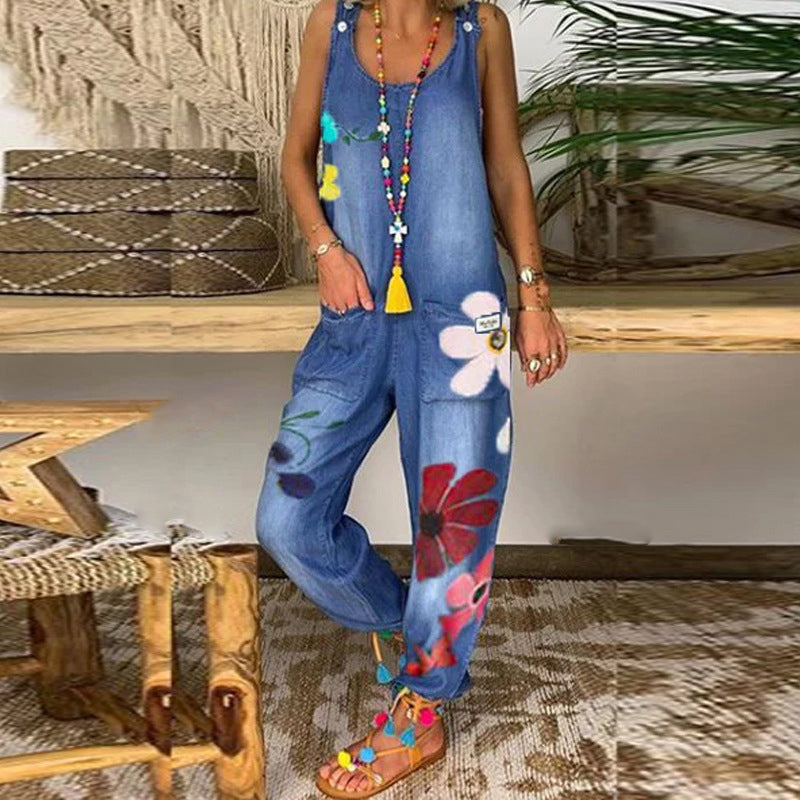 Casual jumpsuit i denim med blommönster för dam