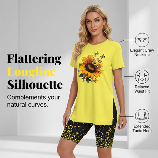 🌈✨BLITZTILBUD 56 % RABATT! 👚 Sett med tunika og shorts med mønster for damer – avslappet passform, sidesliss og iøynefallende mønster over hele plagget 🩳