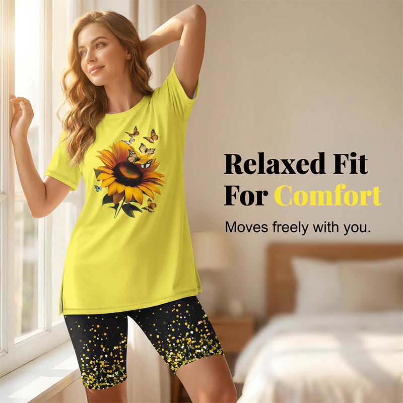 🌈✨BLITZTILBUD 56 % RABATT! 👚 Sett med tunika og shorts med mønster for damer – avslappet passform, sidesliss og iøynefallende mønster over hele plagget 🩳