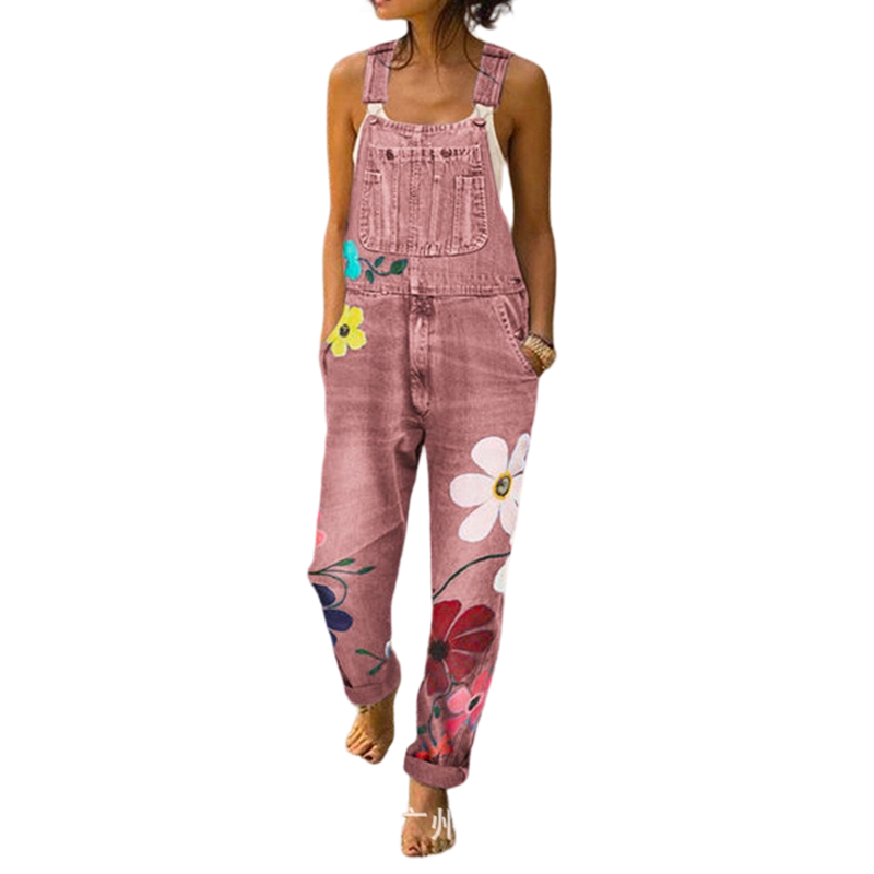 Jeansoverall med blommönster för dam