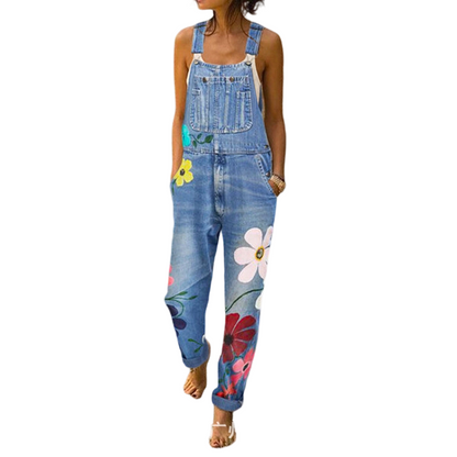 Jeansoverall med blommönster för dam