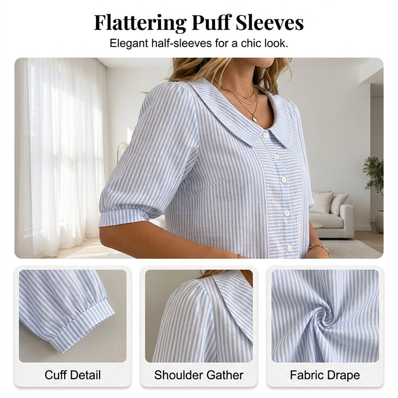 Randig blus med puffärmar och knappar för damer