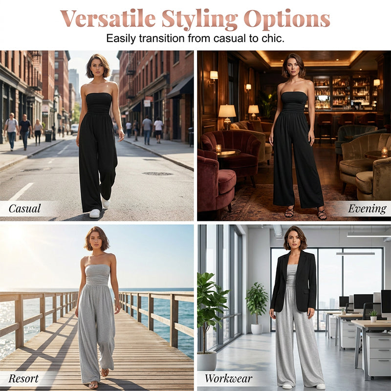 👗🌸 Elegant axelfri jumpsuit med vida ben