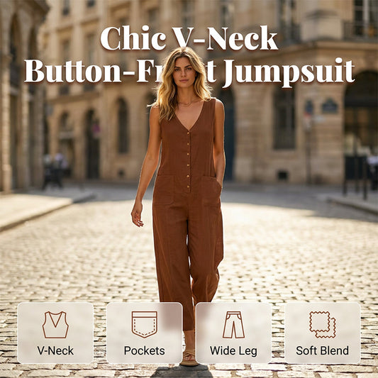Ärmlös jumpsuit med V-ringning och knappar framtill för dam