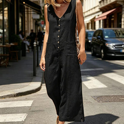 Ärmlös jumpsuit med V-ringning och knappar framtill för dam