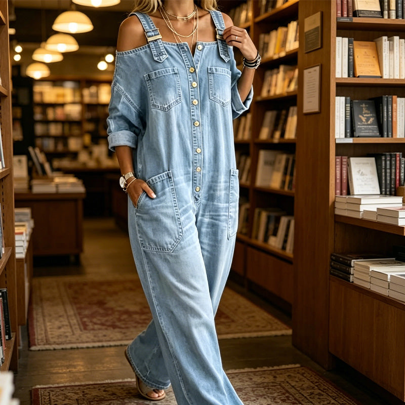 🔥 50% RABATT 👗✨ Cold-shoulder jumpsuit med vida ben & fickor – luftig komfort och stilren elegans för sommaren ☀️