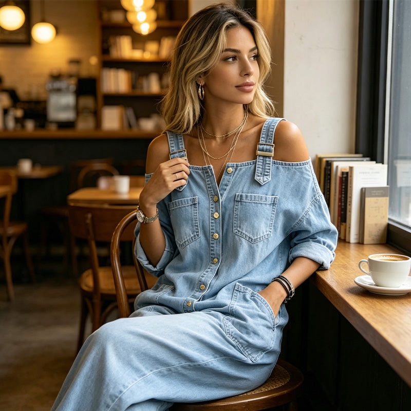 🔥 50% RABATT 👗✨ Cold-shoulder jumpsuit med vida ben & fickor – luftig komfort och stilren elegans för sommaren ☀️